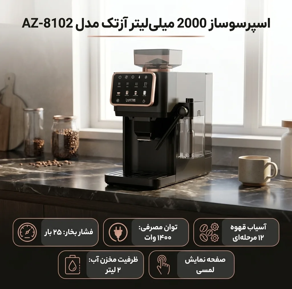 اسپرسوساز تمام اتوماتیک آزتک مدل A-8102 با فشار بخار 25 بار، آسیاب قهوه 12 مرحله‌ای، نمایشگر LCD و مخزن آب 2 لیتری