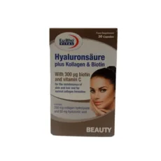 کپسول مکمل پوست، مو و ناخن یوروویتال مدل Hyaluronsäure Plus Kollagen & Biotin بسته 30 عددی با هیالورونیک اسید 50mg، کلاژن هیدرولیز شده 250mg، بیوتین 300mcg و ویتامین C برای تقویت سلامت پوست، افزایش استحکام کلاژن و بهبود سلامت مو و ناخن