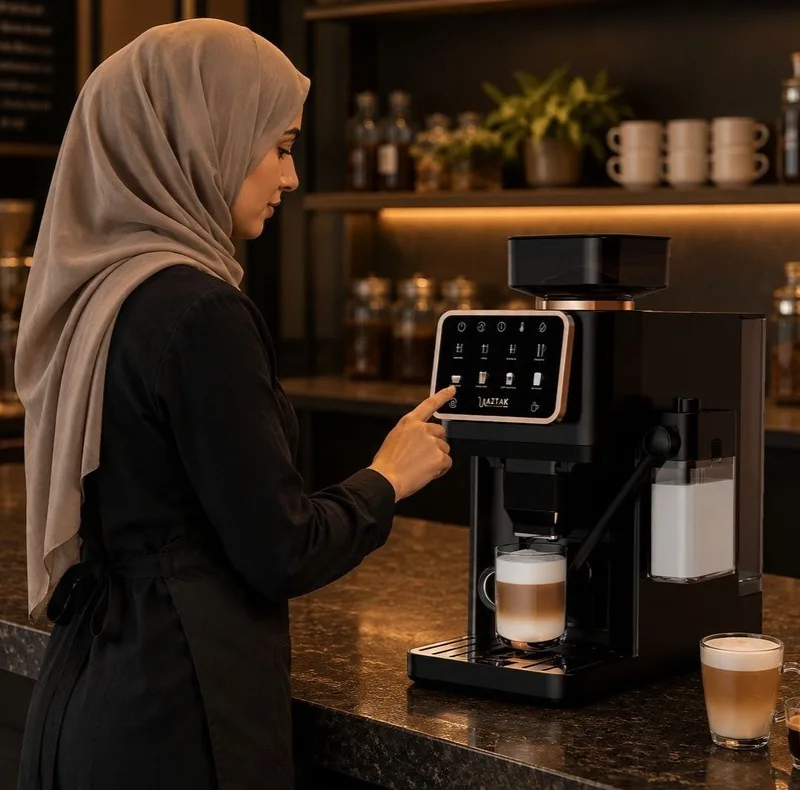 اسپرسوساز تمام اتوماتیک آزتک مدل A-8102 با فشار بخار 25 بار، آسیاب قهوه 12 مرحله‌ای، نمایشگر LCD و مخزن آب 2 لیتری