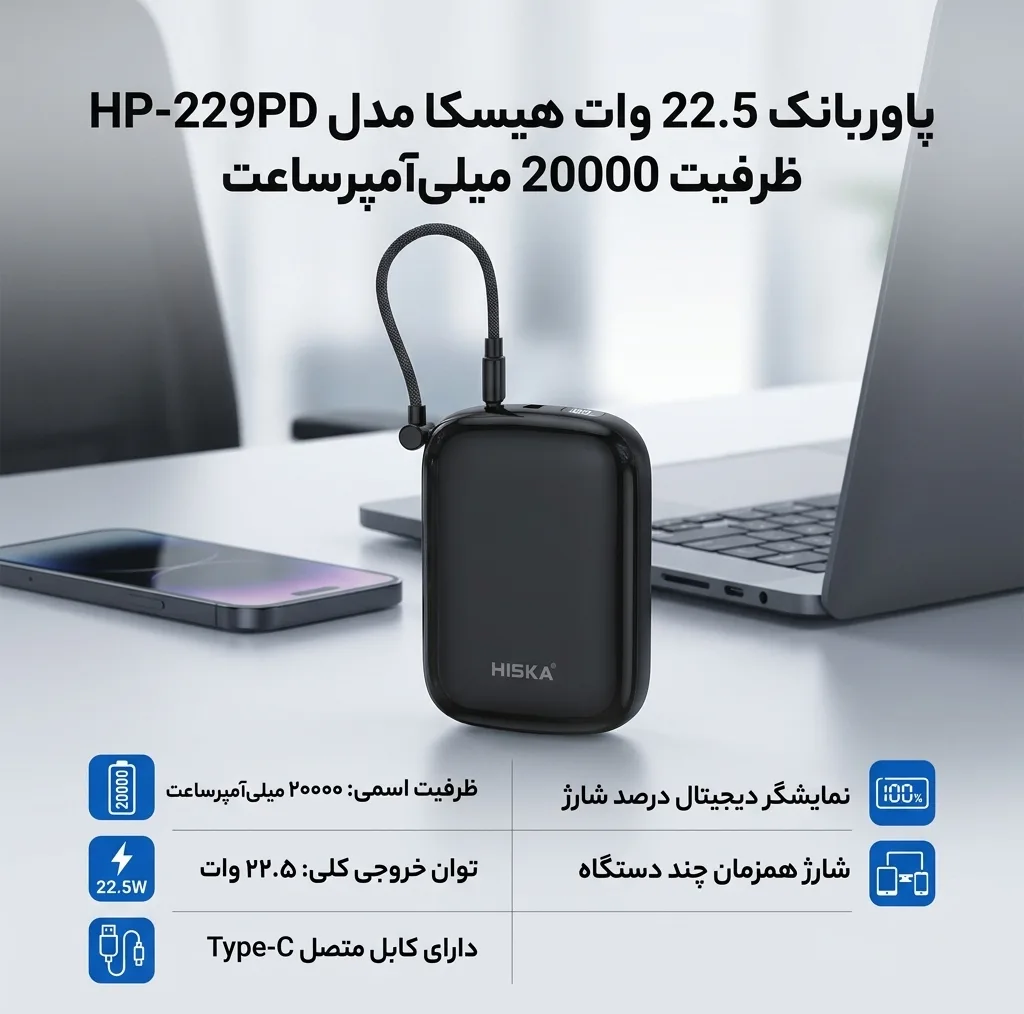پاوربانک 22.5 وات هیسکا مدل HP-229PD ظرفیت 20000 میلی‌آمپرساعت