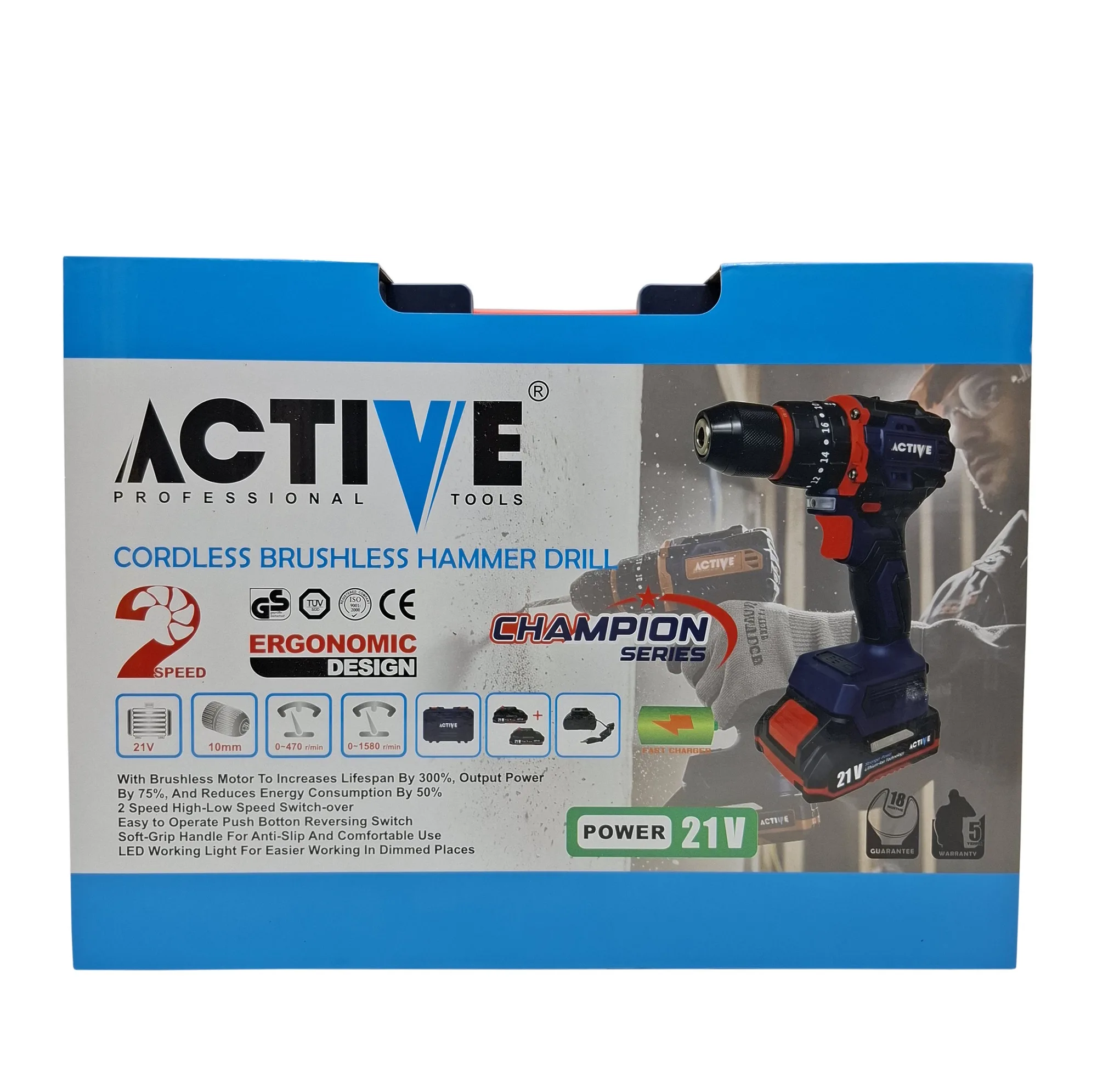 دریل چکشی شارژی براشلس 10میلی متری 21 ولت اکتیو مدل AC_7821CH