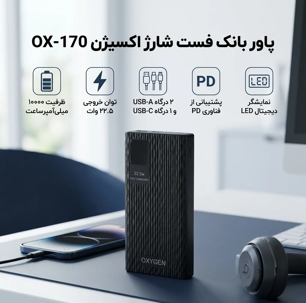 پاوربانک 22.5 وات اکسیژن مدل OX-170 PD ظرفیت 10000 میلی‌آمپرساعت به همراه کابل USB-C
