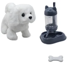 اسباب بازی ناب سل مدل سگ پولیشی متحرک موزیکال کد mini plush pet lovely naab001 به همراه استخوان و ظرف آب مخزن دار مجموعه سه عددی