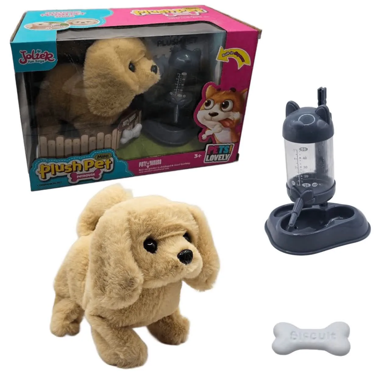 اسباب بازی ناب سل مدل سگ پولیشی متحرک موزیکال کد mini plush pet lovely naab001 به همراه استخوان و ظرف آب مخزن دار مجموعه سه عددی